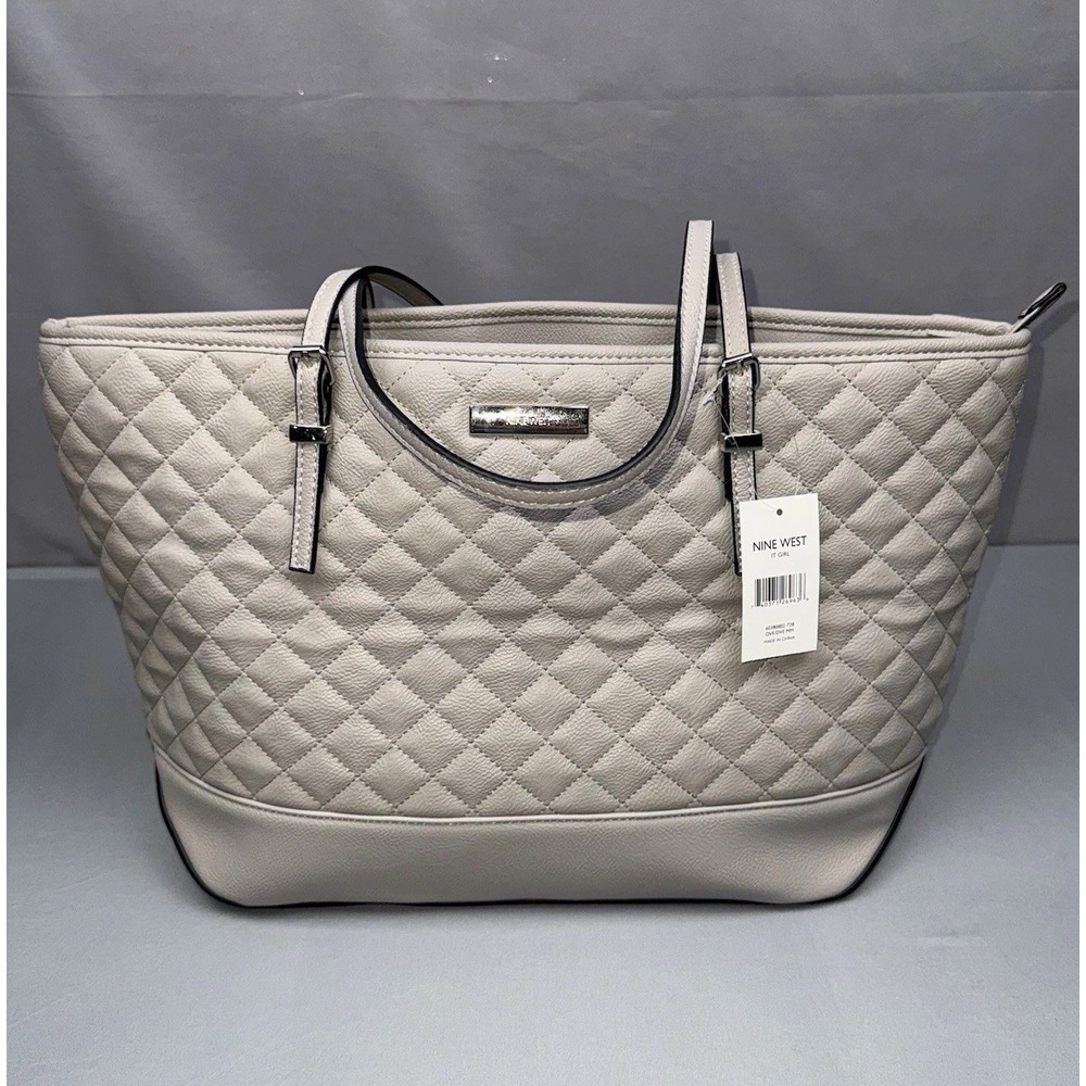 NWT Nine West It Girl Quilted Faux Leather Tote Gray Crossbody Shoulder BagPurse
